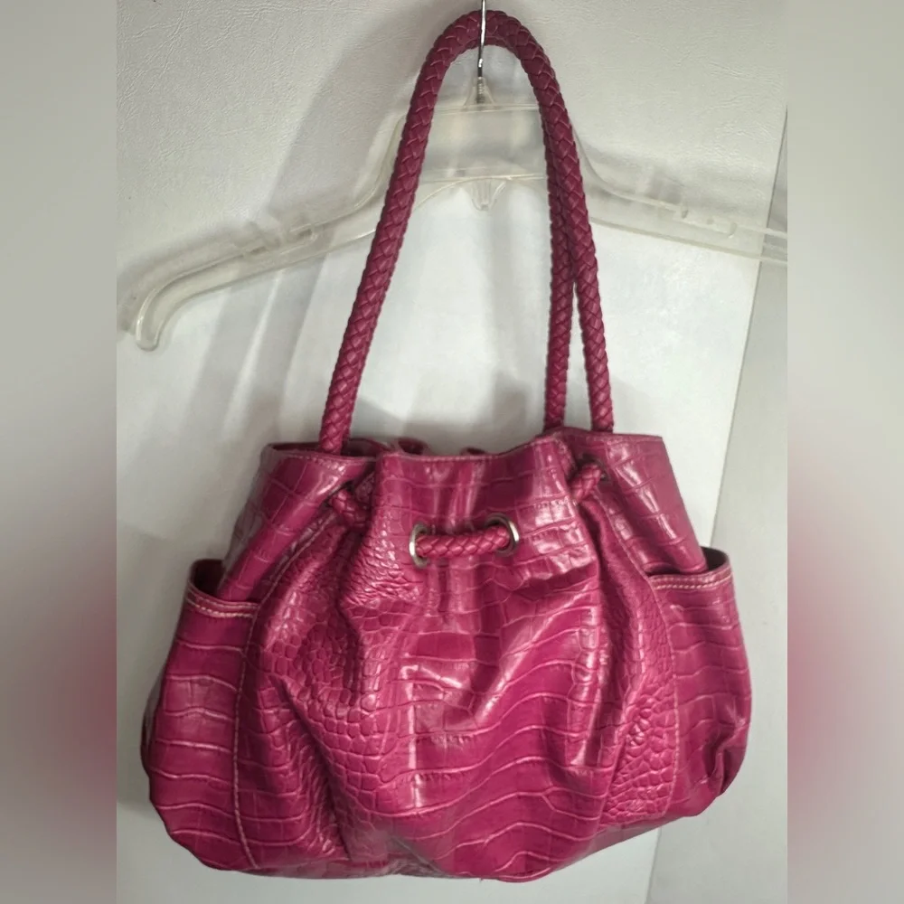 Strada Dark Pink Purple Faux Crocodile Hobo Shoulder Bag Drawstring Braid Handle